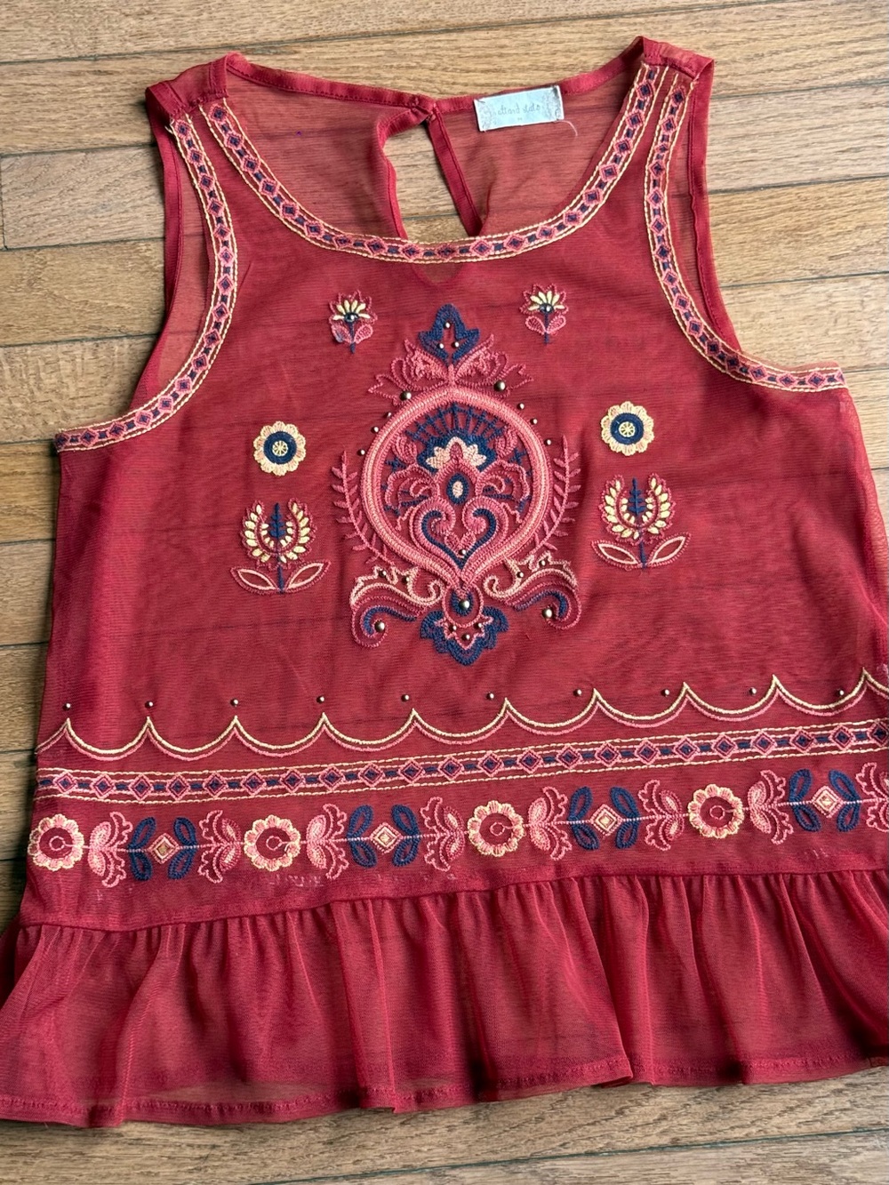 Embroidered Sleeveless Red Boho Tank